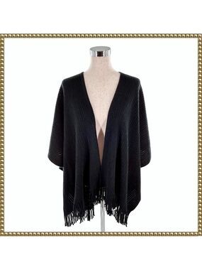 Loft Black Fringe Ribbed Shawl Shrug One Size NWT